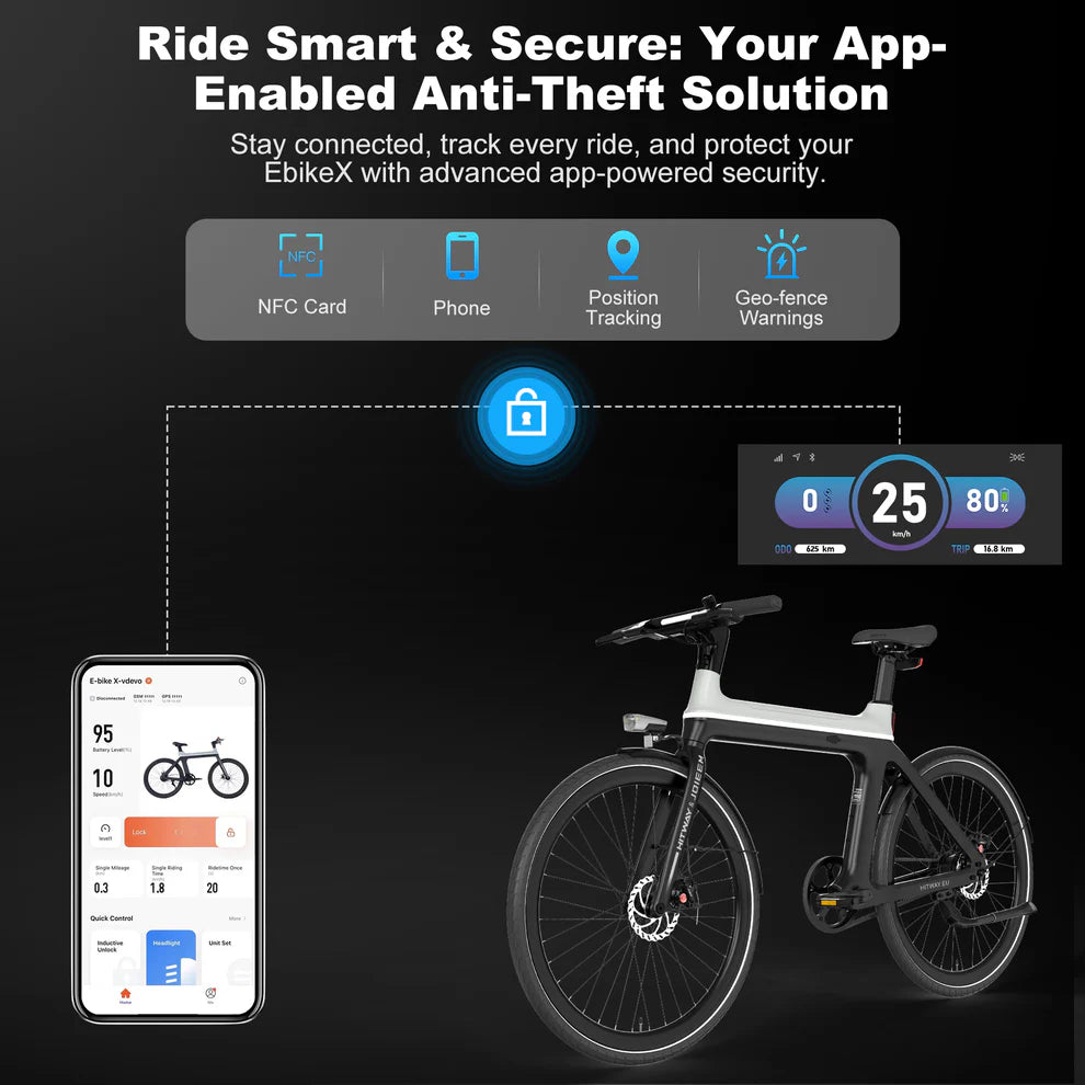 Elektrische fiets ENGWE E-BIKE X in zwart met grijs, zijaanzicht schuin links, telefoon met anti-diefstal app locatie