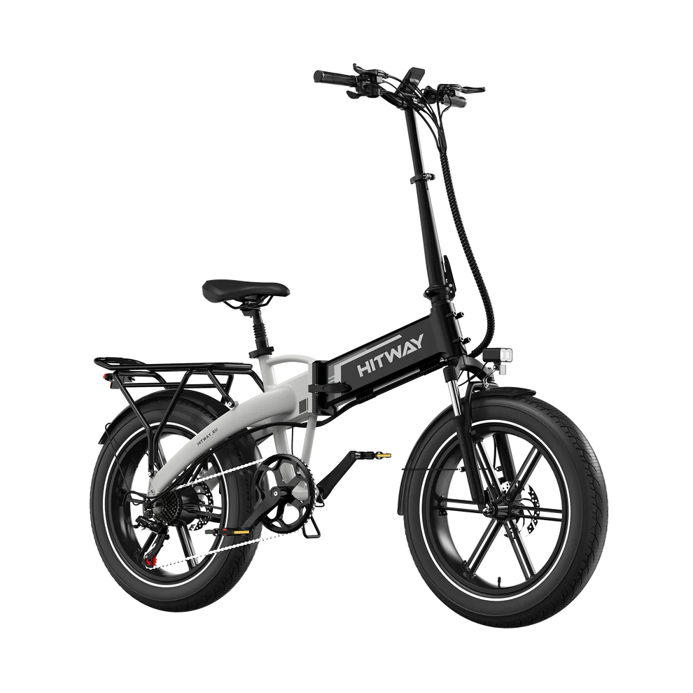 Elektrische vouwfiets HITWAY BK10S, zwart wit, zijaanzicht schuin rechtsvoor