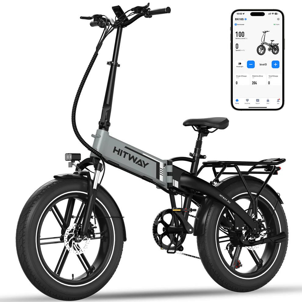 Elektrische vouwfiets HITWAY BK10S, zwart grijs, zijaanzicht schuin linksvoor, telefoon met app