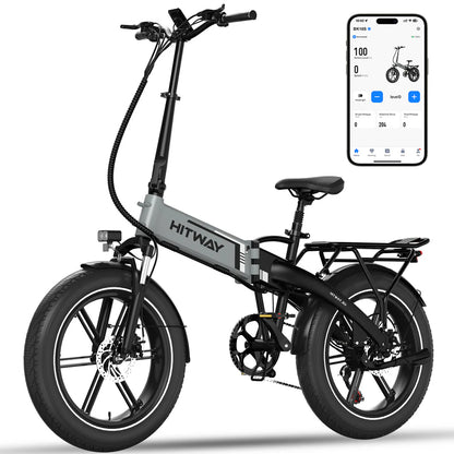 Elektrische vouwfiets HITWAY BK10S, zwart grijs, zijaanzicht schuin linksvoor, telefoon met app