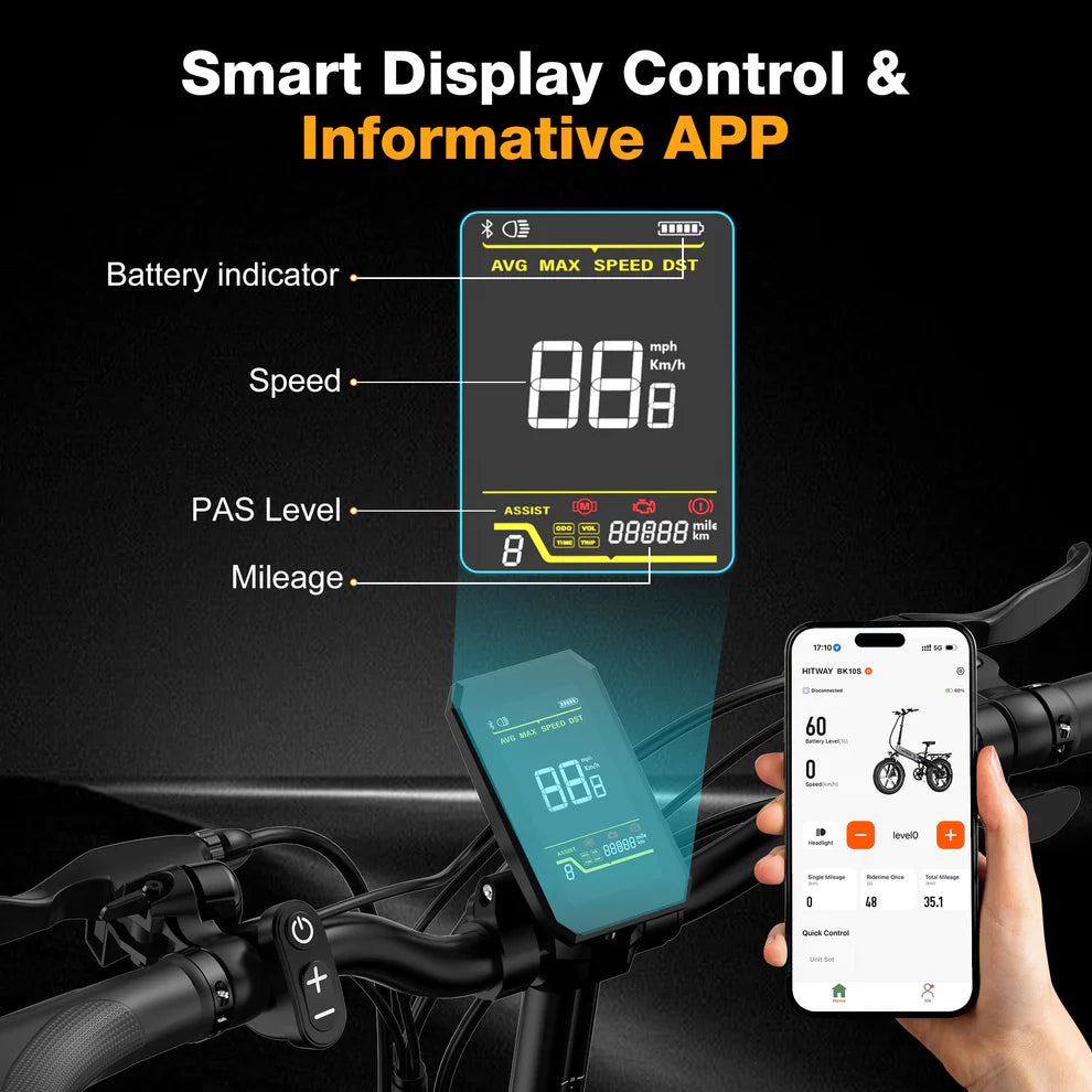 Elektrische vouwfiets HITWAY BK10S, stuur met display en telefoon met app