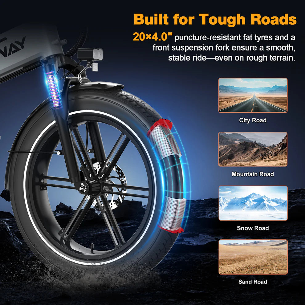 Elektrische vouwfiets HITWAY BK10S, zwart wit, zijaanzicht schuin rechtsvoor, voorwiel, voorvering, brede banden, asfaltweg, bergweg, besneeuwde weg, zandweg