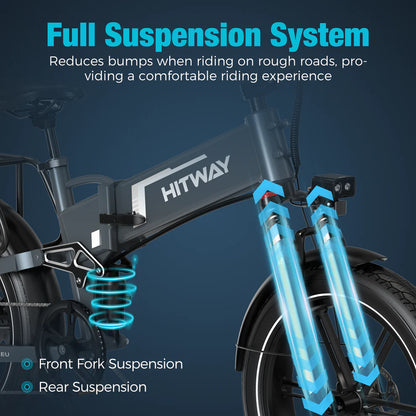 Elektrische vouwfiets HITWAY BK10S PRO, grijs, zijaanzicht schuin rechtsvoor, achtervering, vering voorvork