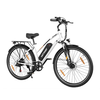 Elektrische fiets HITWAY BK27S wit, zijaanzicht schuin rechtsvoor