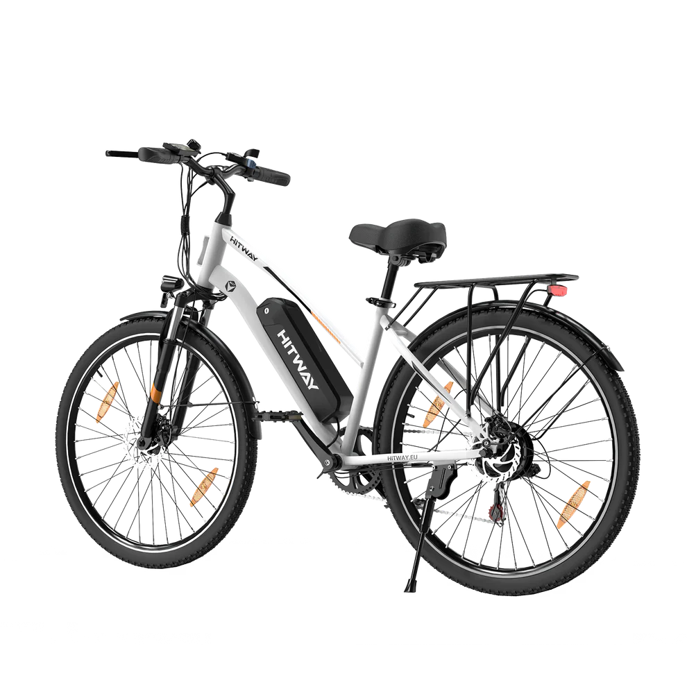 Elektrische fiets HITWAY BK27S wit, zijaanzicht schuin linksachter