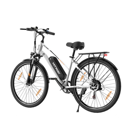 Elektrische fiets HITWAY BK27S wit, zijaanzicht schuin linksachter