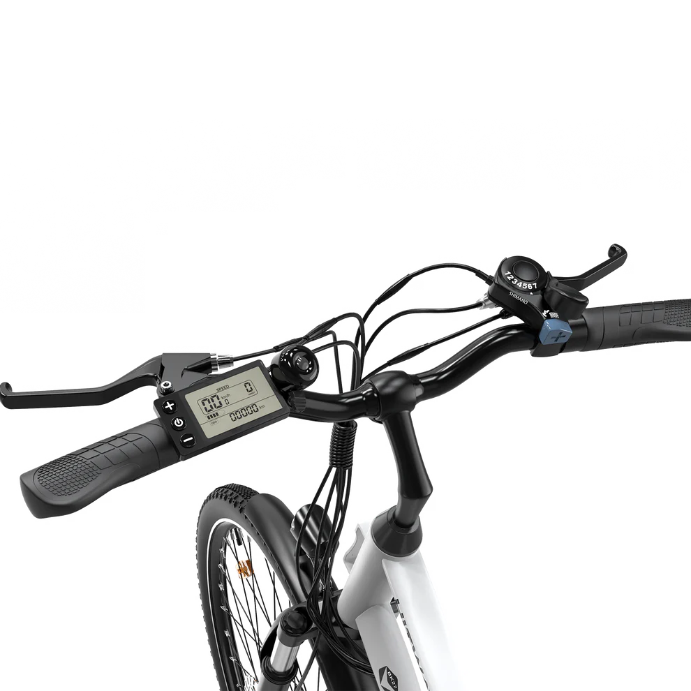 Elektrische fiets HITWAY BK27S wit, bovenaanzicht stuur met display