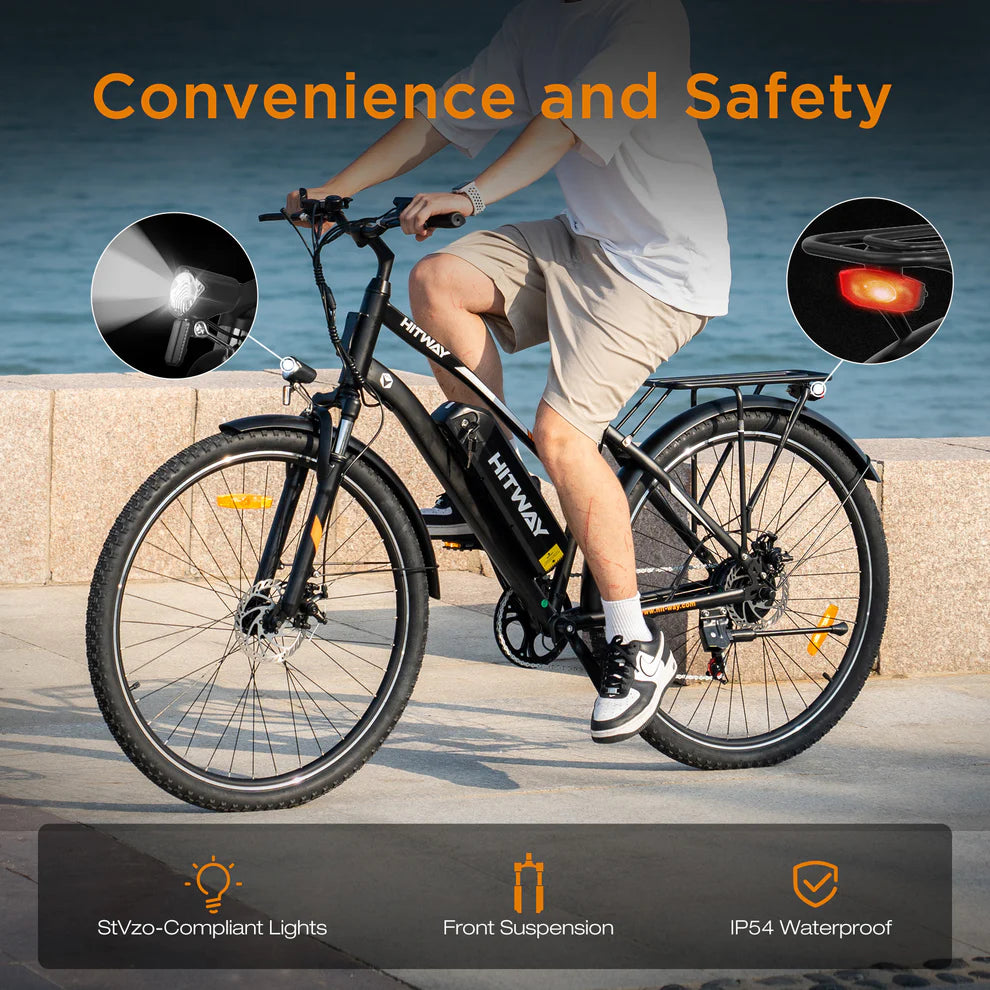 Elektrische fiets HITWAY BK27S zwart, zijaanzicht links, man op fiets, verlichting en vering