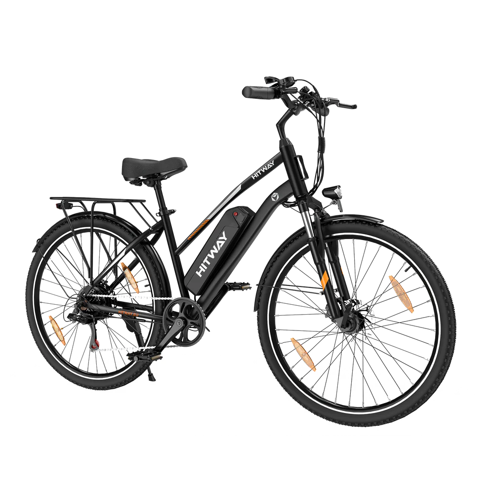 Elektrische fiets HITWAY BK27S zwart, zijaanzicht schuin rechtsvoor