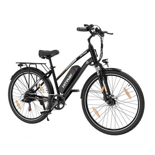 Elektrische fiets HITWAY BK27S zwart, zijaanzicht schuin rechtsvoor