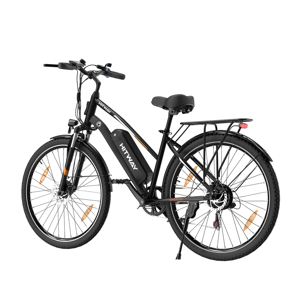 Elektrische fiets HITWAY BK27S zwart, zijaanzicht schuin linksachter