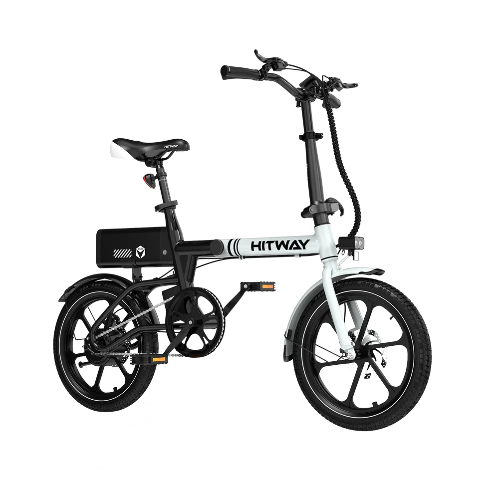 Elektrische vouwfiets HITWAY BK35S, zwart wit, zijaanzicht schuin rechtsvoor