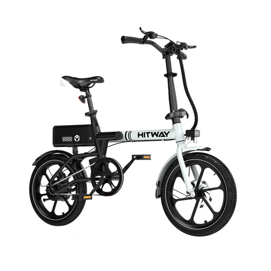 Elektrische vouwfiets HITWAY BK35S, zwart wit, zijaanzicht schuin rechtsvoor