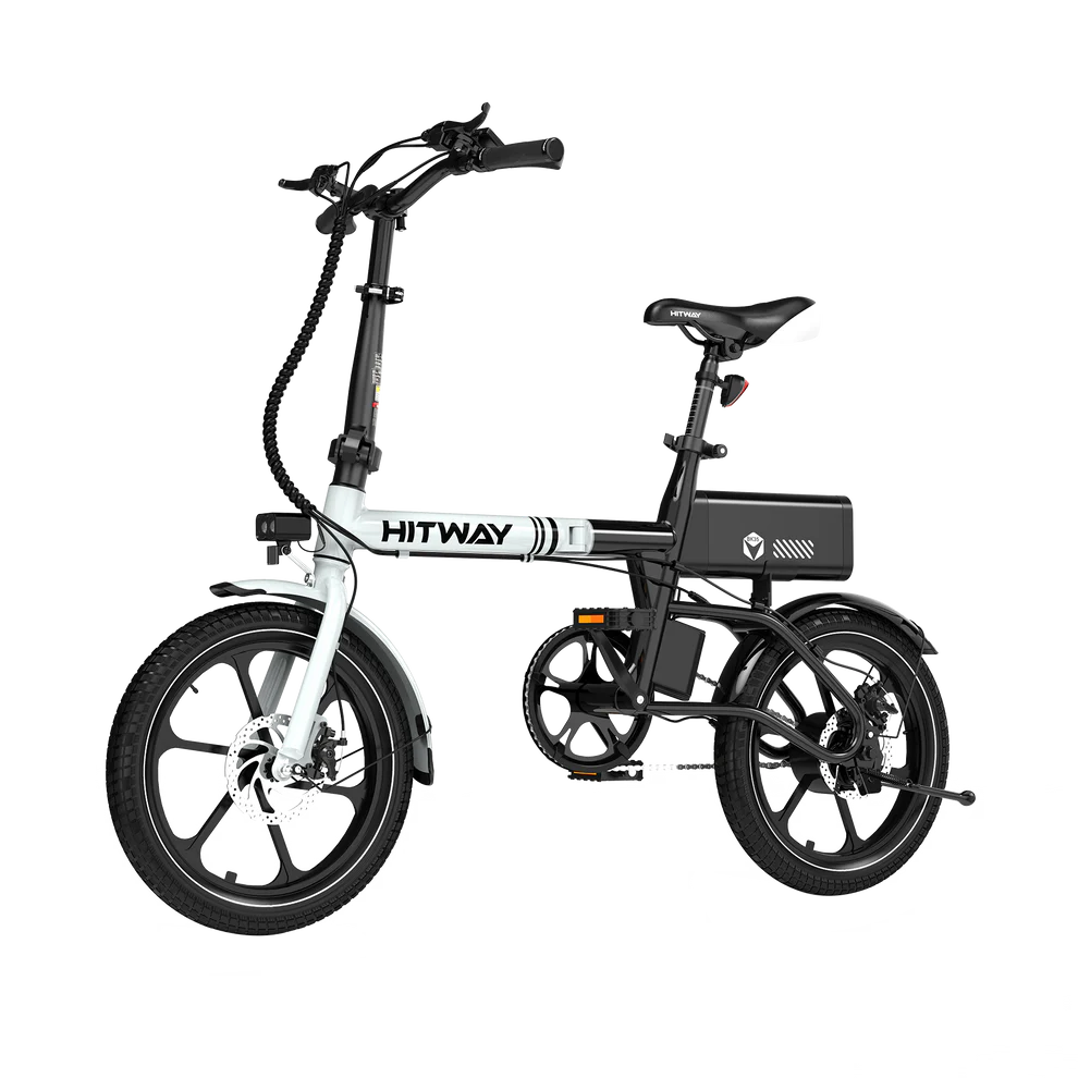 Elektrische vouwfiets HITWAY BK35S, zwart wit, zijaanzicht schuin linksvoor