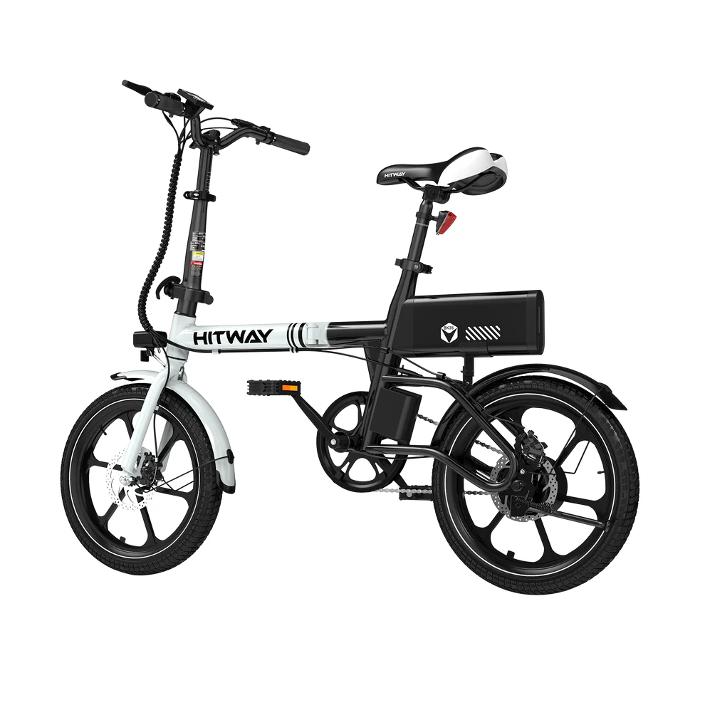 Elektrische vouwfiets HITWAY BK35S, zwart wit, zijaanzicht schuin linksachter