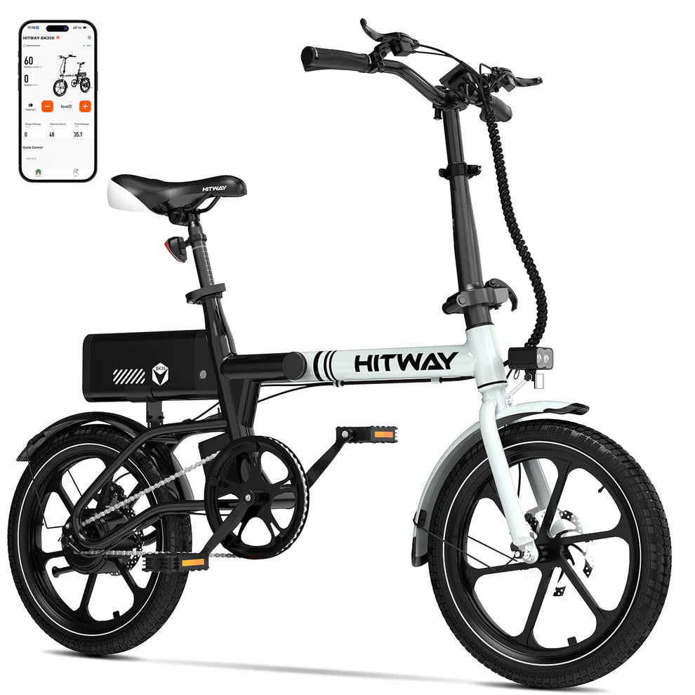 Elektrische vouwfiets HITWAY BK35S, zwart wit, zijaanzicht schuin rechtsvoor, telefoon met app
