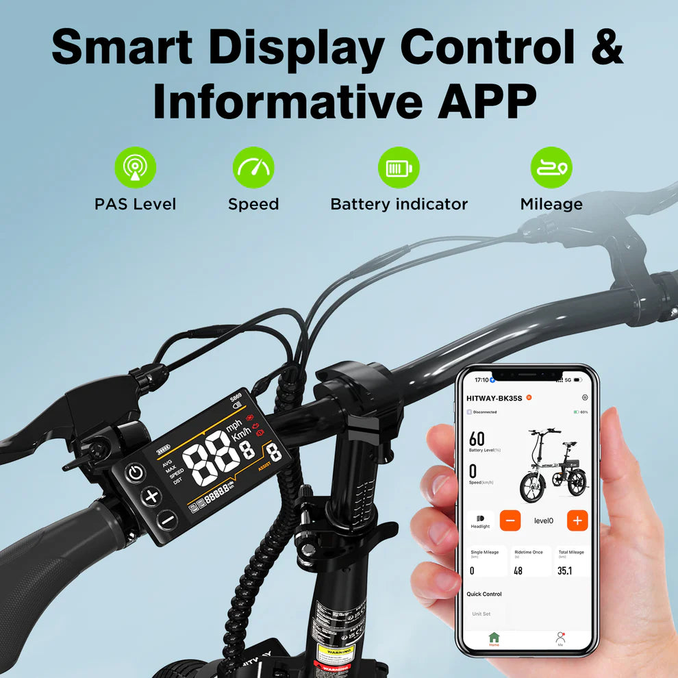 Elektrische vouwfiets HITWAY BK35S, stuur met display, telefoon met app