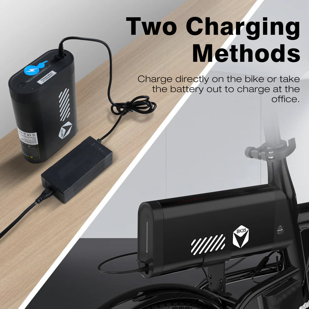 Elektrische vouwfiets HITWAY BK35S, accu met oplader, accu wordt opgeladen op de fiets