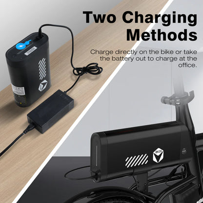 Elektrische vouwfiets HITWAY BK35S, accu met oplader, accu wordt opgeladen op de fiets