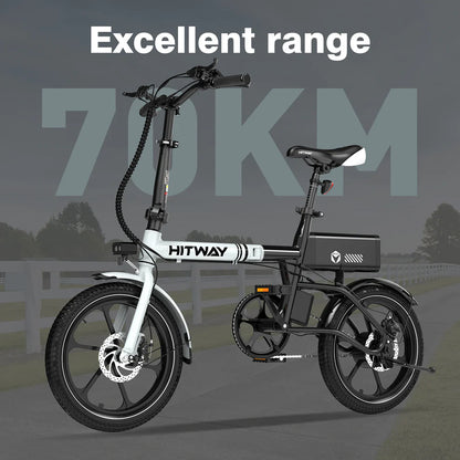 Elektrische vouwfiets HITWAY BK35S, zwart wit, zijaanzicht schuin linksvoor, uitstekende actieradius