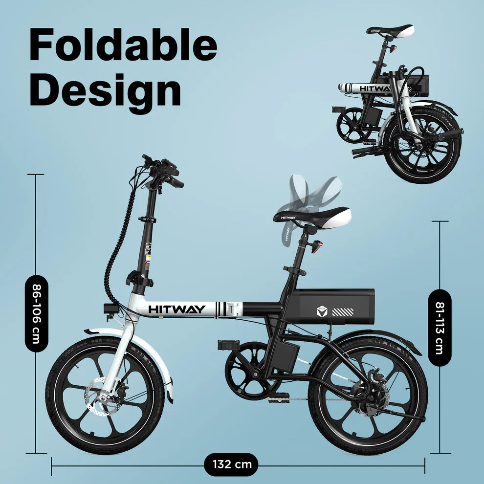 Elektrische vouwfiets HITWAY BK35S, zwart wit, zijaanzicht links met afmetingen, opgevouwen