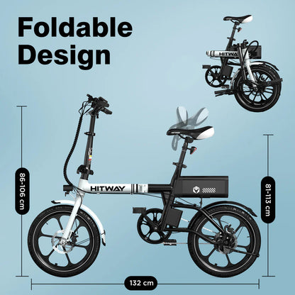 Elektrische vouwfiets HITWAY BK35S, zwart wit, zijaanzicht links met afmetingen, opgevouwen