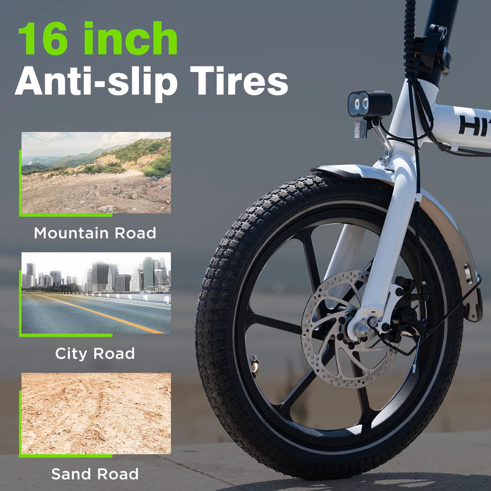 Elektrische vouwfiets HITWAY BK35S, voorkant fiets, verschillende wegoppervlakken