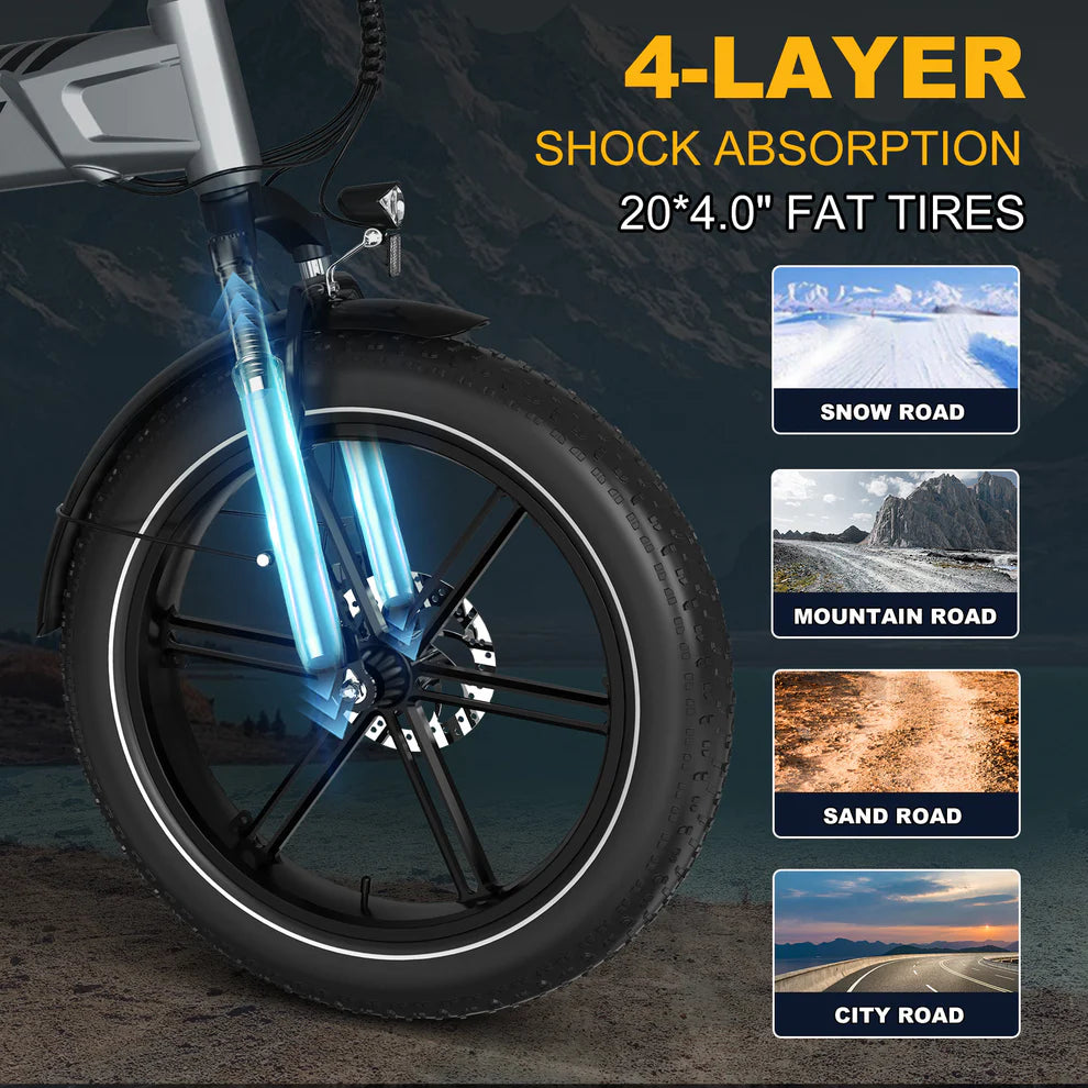 Elektrische vouwfiets HITWAY BK36, voorwiel en voorvork, vering en brede banden