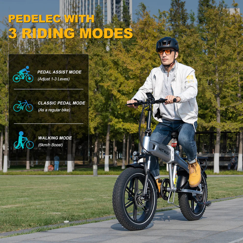 Elektrische vouwfiets HITWAY BK36, grijs, zijaanzicht schuin linksvoor, man met fietshelm op fiets, fiets modus