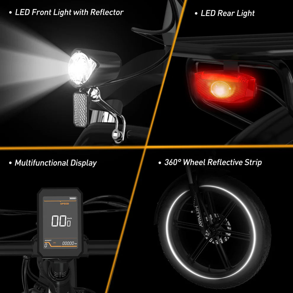 Elektrische vouwfiets HITWAY BK36, veiligheidskenmerken, voorlicht, achterlicht, display, zijreflectie