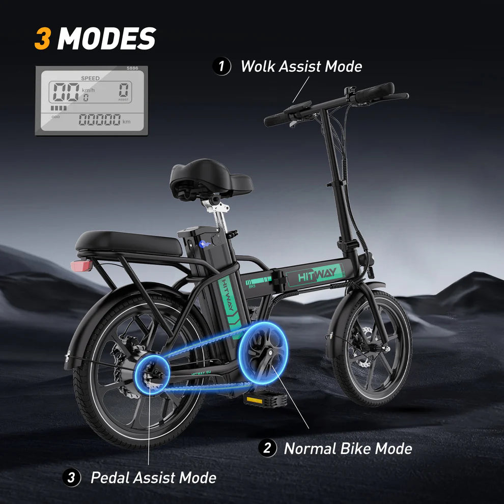 Elektrische vouwfiets HITWAY BK5S, zijaanzicht schuin rechtsachter, loop assist modus, normale fiets modus, fietsassist modus