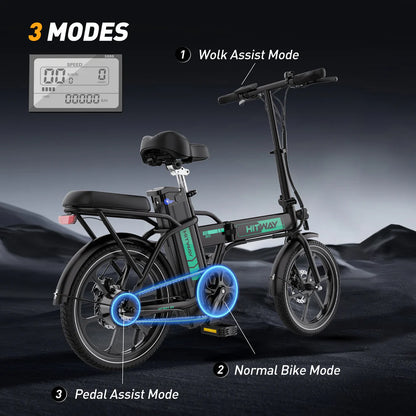 Elektrische vouwfiets HITWAY BK5S, zijaanzicht schuin rechtsachter, loop assist modus, normale fiets modus, fietsassist modus