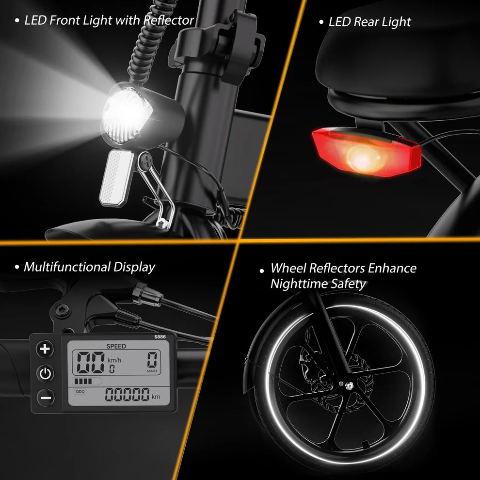 Elektrische vouwfiets HITWAY BK5S, veiligheidskenmerken, voorlicht, achterlicht, display, zijreflectie