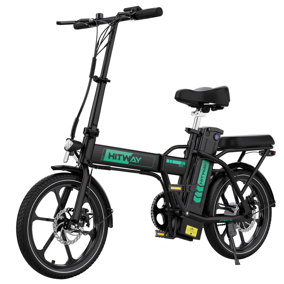 Elektrische vouwfiets HITWAY BK5S, zwart, zijaanzicht schuin linksvoor