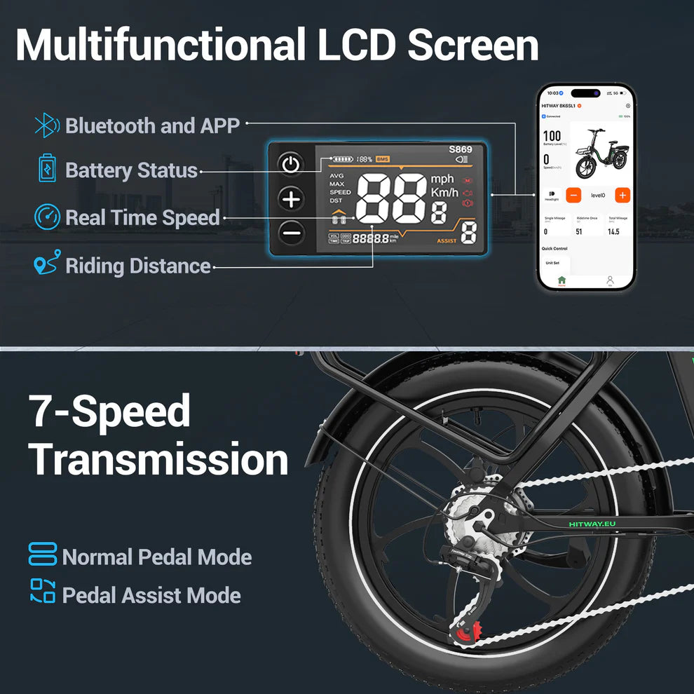 Elektrische vouwfiets HITWAY BK6S L1, multifunctioneel LCD-scherm, 7-speed versnellingssysteem