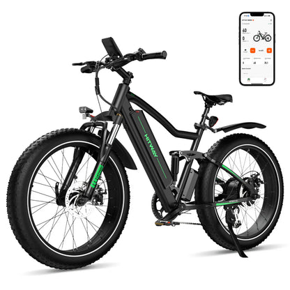 Elektrische fiets HITWAY BK9S, fatbike, zijaanzicht, linksschuin voorkant, telefoon met app