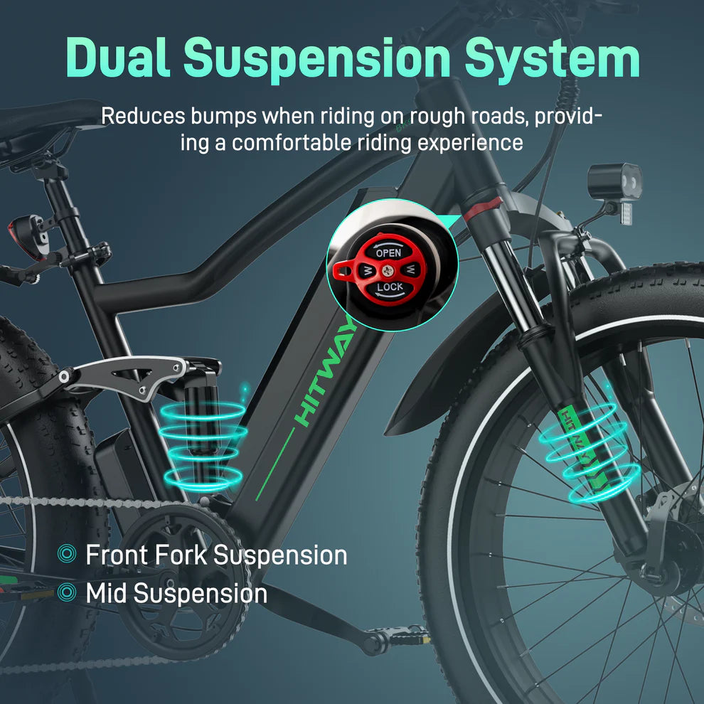 Elektrische fiets HITWAY BK9S, fatbike, zijaanzicht, rechts schuin voorkant, dubbele vering