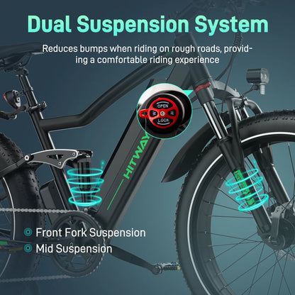 Elektrische fiets HITWAY BK9S, fatbike, zijaanzicht, rechts schuin voorkant, dubbele vering