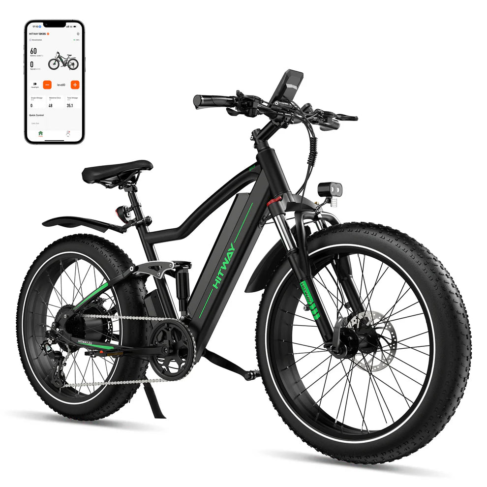 Elektrische fiets HITWAY BK9S, fatbike, zijaanzicht, rechts schuin voorkant, telefoon met app