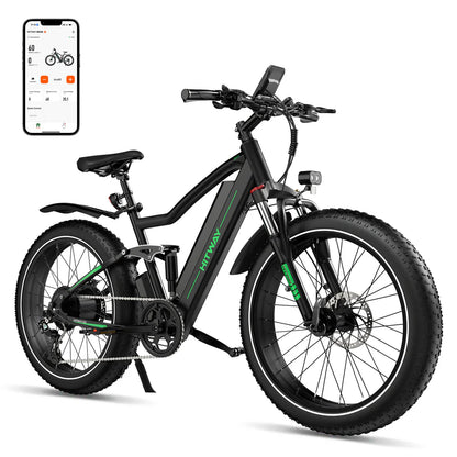 Elektrische fiets HITWAY BK9S, fatbike, zijaanzicht, rechts schuin voorkant, telefoon met app