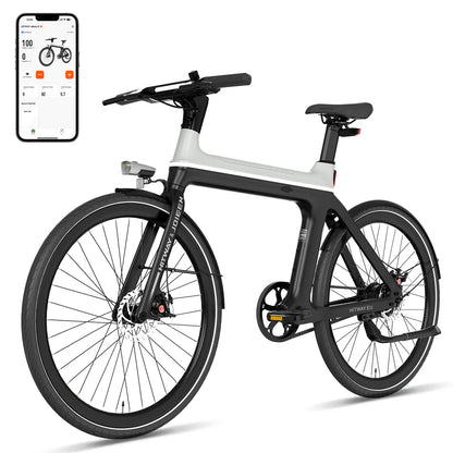 Elektrische fiets ENGWE E-BIKE X in zwart met grijs, met telefoon, zijaanzicht schuin links