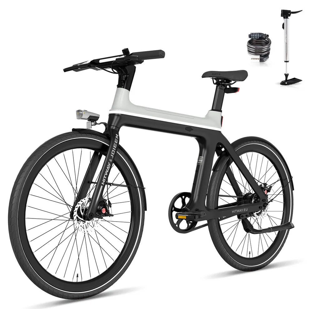 Elektrische fiets ENGWE E-BIKE X in zwart met grijs, met kabelslot en fietspomp, zijaanzicht schuin links