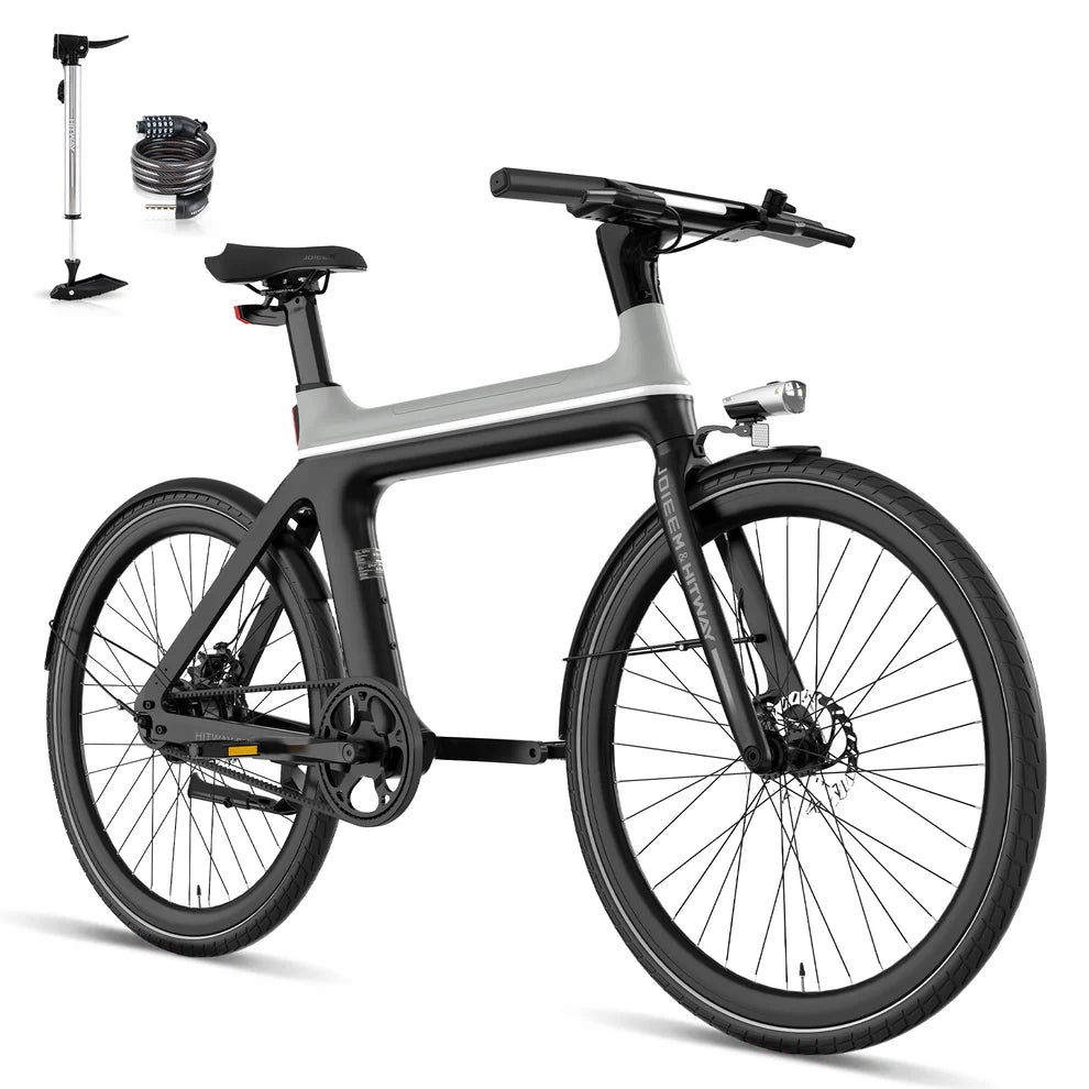 Elektrische fiets ENGWE E-BIKE X in zwart met grijs, met kabelslot en fietspomp, zijaanzicht schuin rechts