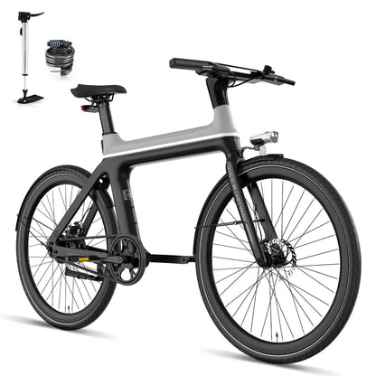 Elektrische fiets ENGWE E-BIKE X in zwart met grijs, met kabelslot en fietspomp, zijaanzicht schuin rechts