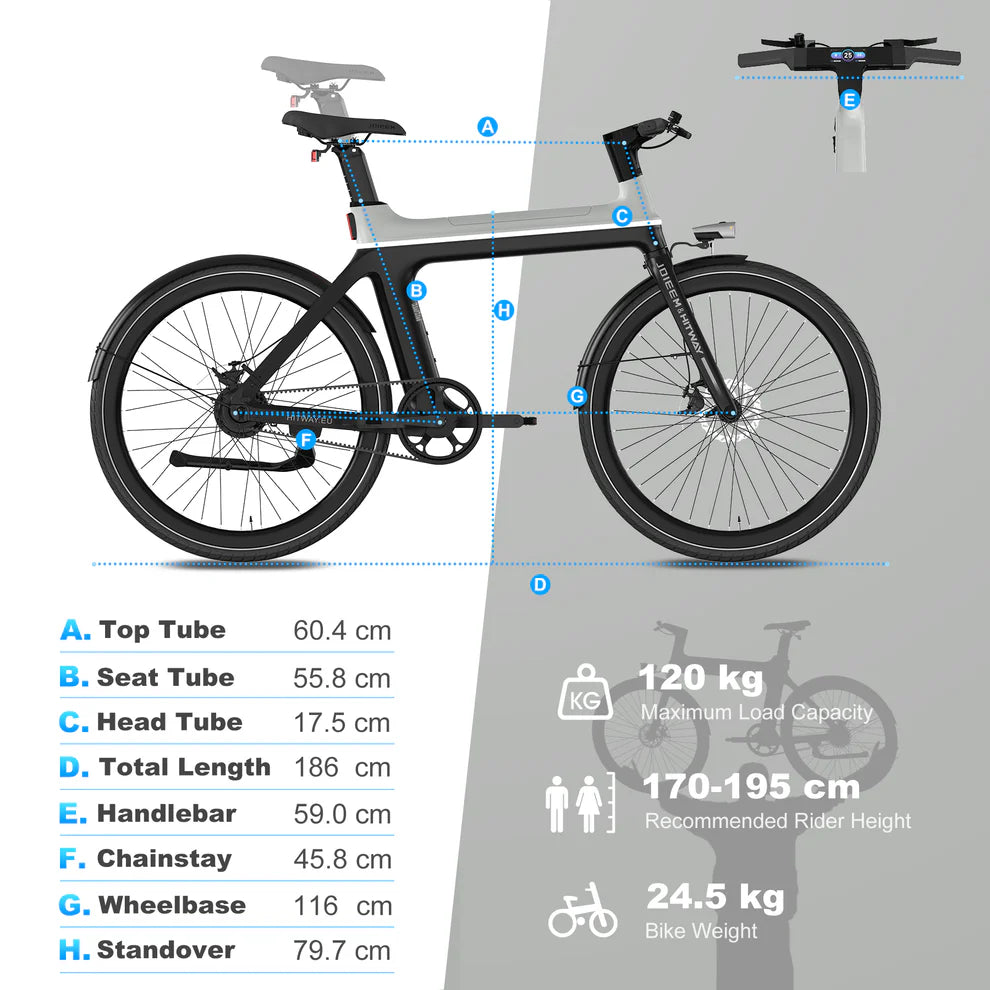 Elektrische fiets ENGWE E-BIKE X in zwart met grijs, met afmetingen, maximum belasting, aanbevolen berijder lengte en gewicht fiets, zijaanzicht rechts