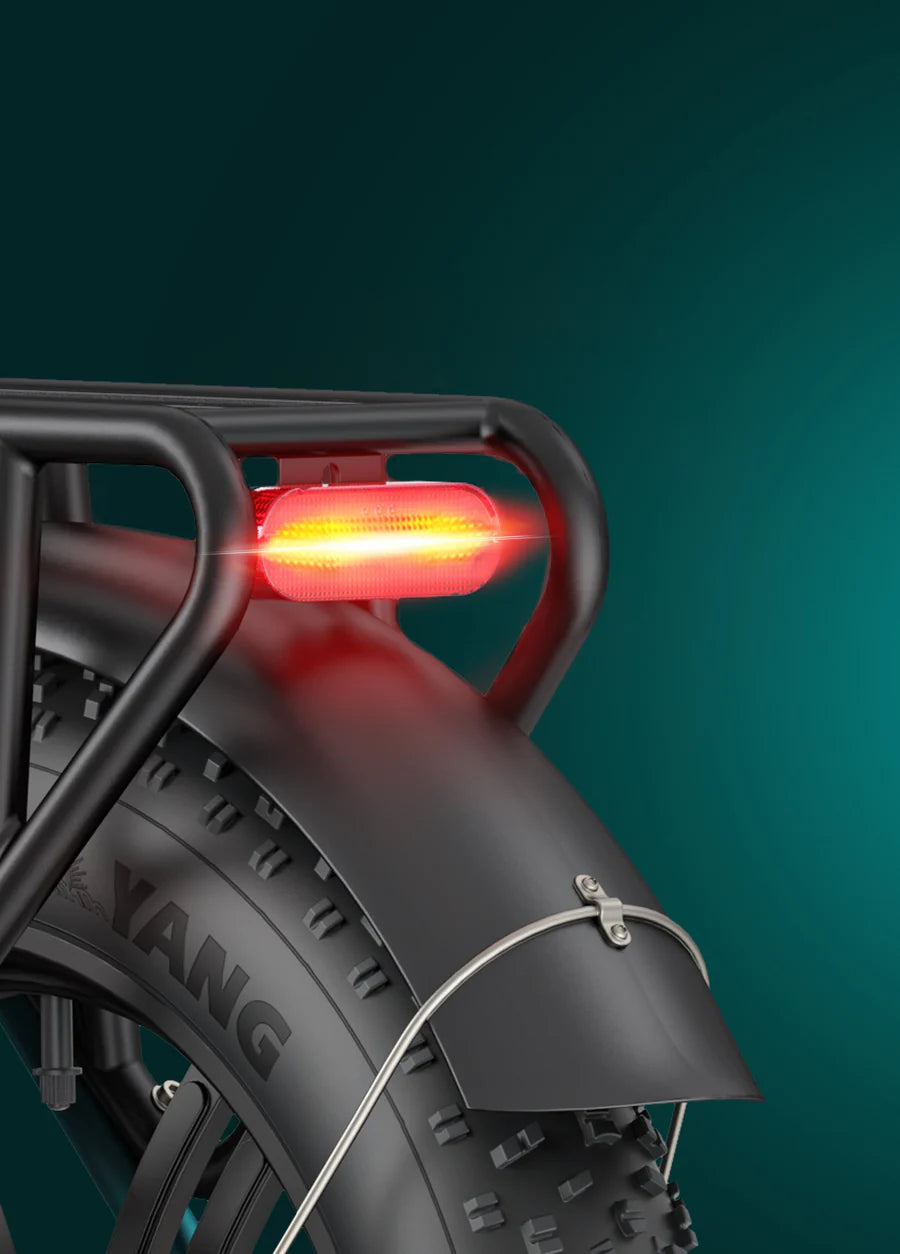 Achterkant fiets met brandend achterlicht en zwarte bagagedrager en spatbord