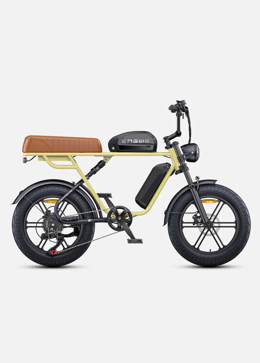 Elektrische fiets ENGWE M20, geel, zijaanzicht rechts, dubbele accu