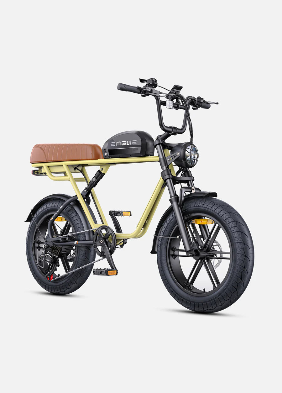 Elektrische fiets ENGWE M20, geel, zijaanzicht schuin rechtsvoor, enkele accu
