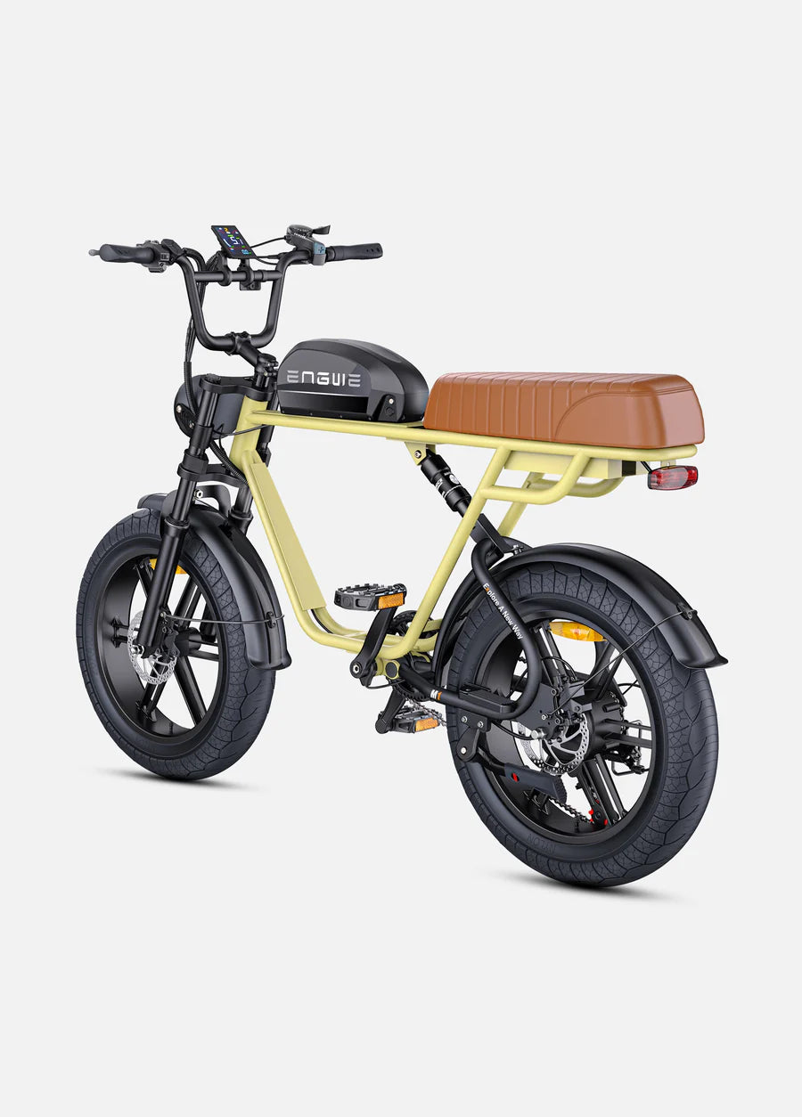 Elektrische fiets ENGWE M20, geel, zijaanzicht schuin linksachter, enkele accu