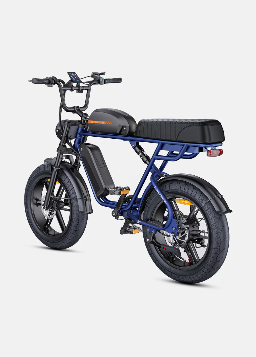 Elektrische fiets ENGWE M20, blauw, zijaanzicht schuin linksachter, dubbele accu